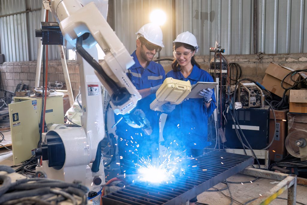 Engineer Controlling a Robotic Welding Arm, Sparks Flying
